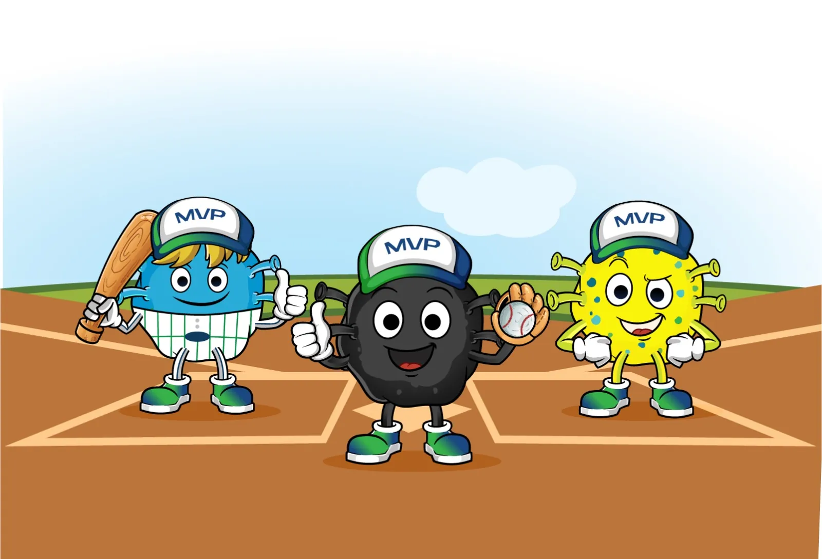 MVP Biologics mascots: three cartoon microbes in MVP caps on a baseball diamond