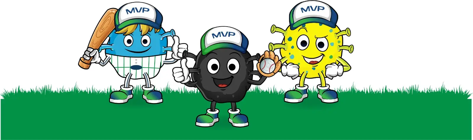 Three MVP Biologics mascots in MVP caps with a bat and a glove